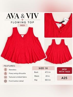 AVA & VIV SWING TOP – RED SIZE 1X (NEW WITH TAGS) A25